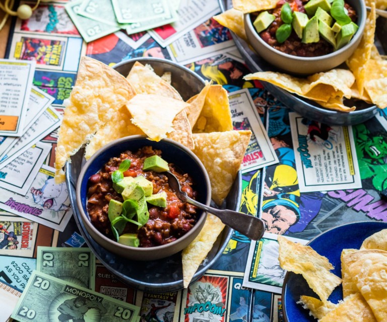 Chilli bean and mince dip with cheesy wrap chips Nadia Lim