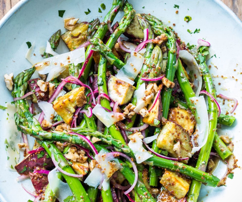 Asparagus, kumara, walnut and parmesan salad Nadia Lim