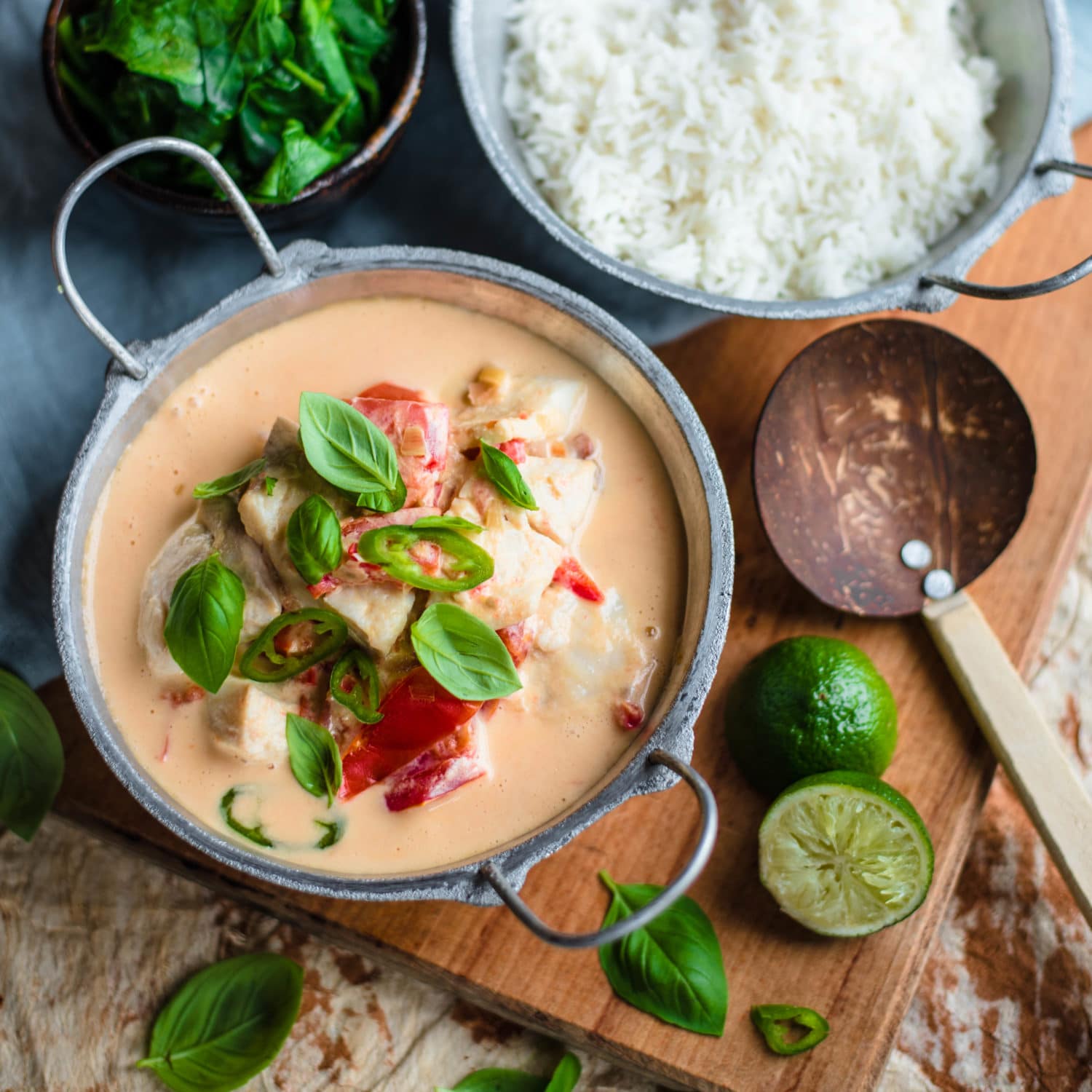 Fijian Coconut Fish with Tomato Spinach and Rice