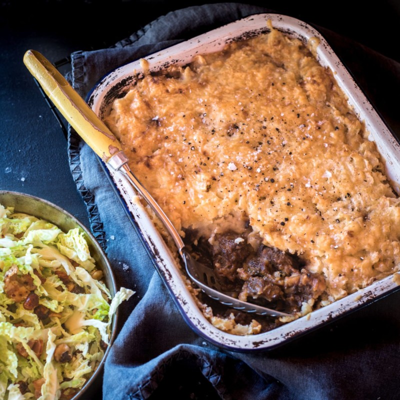 Potato-Top Guinness Pie with Savoy Cabbage, Bacon and Hazelnuts - Nadia Lim