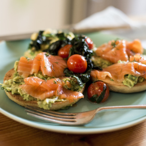 Smoked Salmon Bagel Crushed Avocado Tomatoes Spinach And Scrambled Egg Nadia Lim