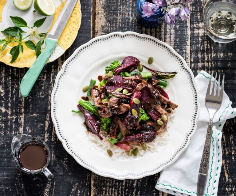 Beef and beet stirfry with greens Nadia Lim