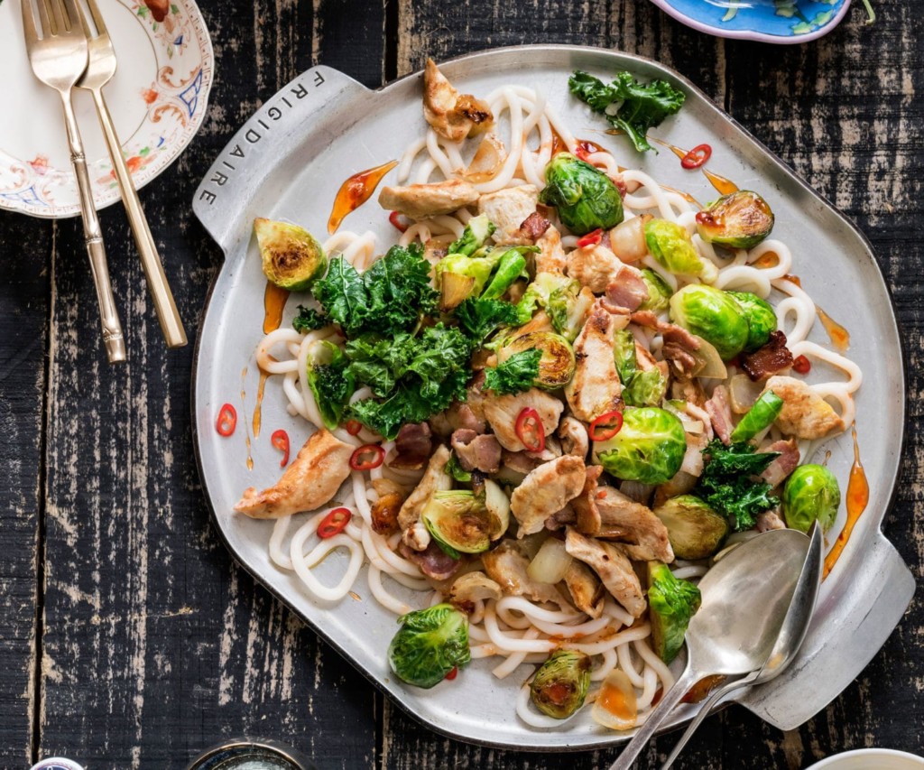 Chicken, bacon and Brussels sprout stirfry with udon noodles Nadia Lim