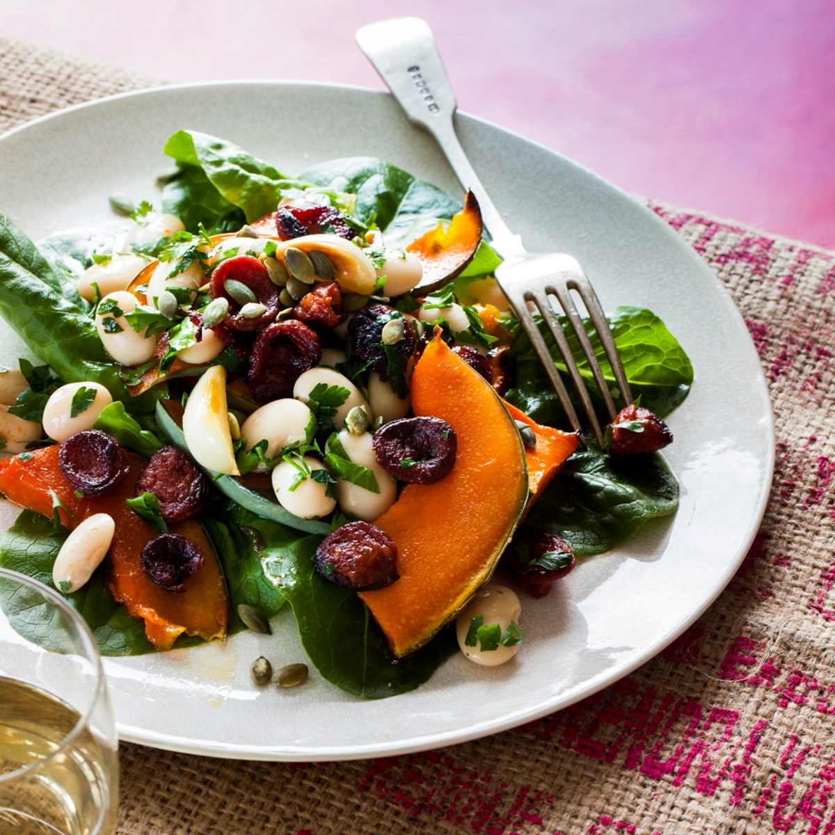 Maple Pumpkin, Garlic, Bean and Chorizo Salad Nadia Lim