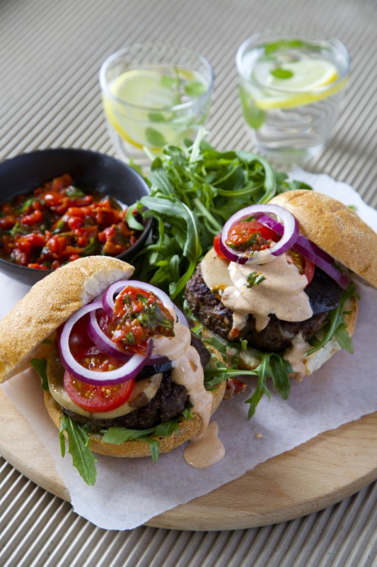 Beef Burgers with Roast Capsicum Basil Salsa and Smoky Sauce - Nadia Lim