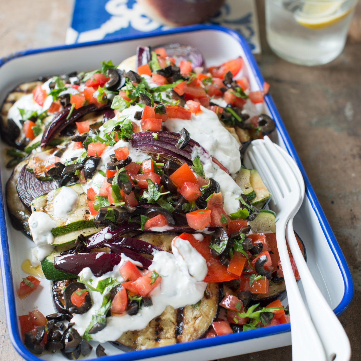BBQ vegetable salad with creamy feta dressing and olive salsa-image