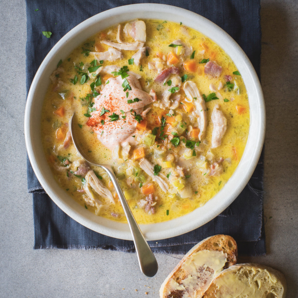 Creamy chicken, bacon and lentil soup with ciabatta - Nadia Lim