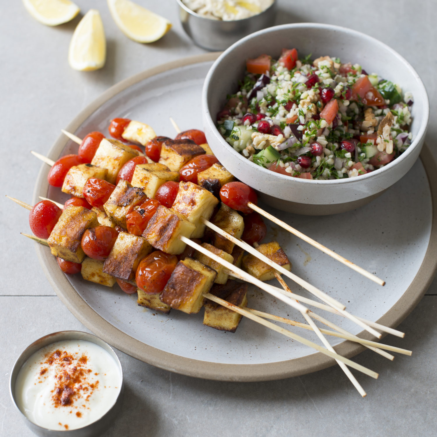 Halloumi-and-Vegetable Skewers with Pomegranate-Tahini Sauce