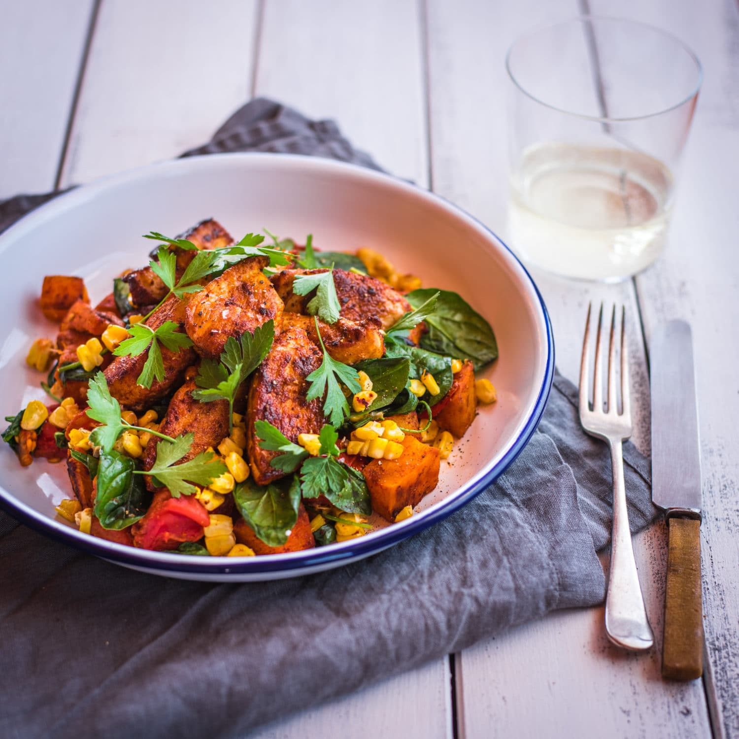 Lemon Cajun Spiced Chicken with Corn and Pumpkin Hash