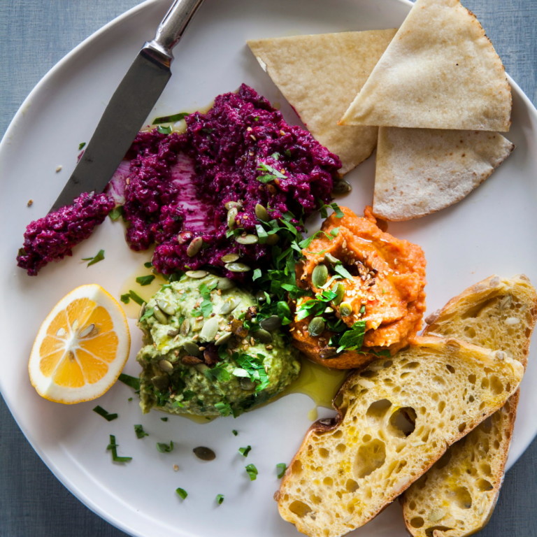 Beetroot yoghurt dip, coriander hummus and roast capsicum bean dip