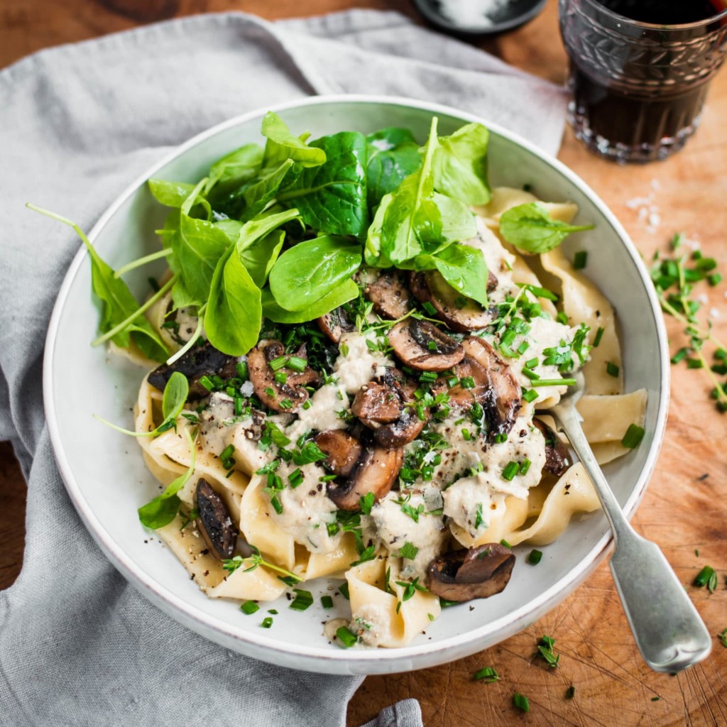 Mushroom and Herb Pasta with Vegan Cashew Cream Sauce Nadia Lim