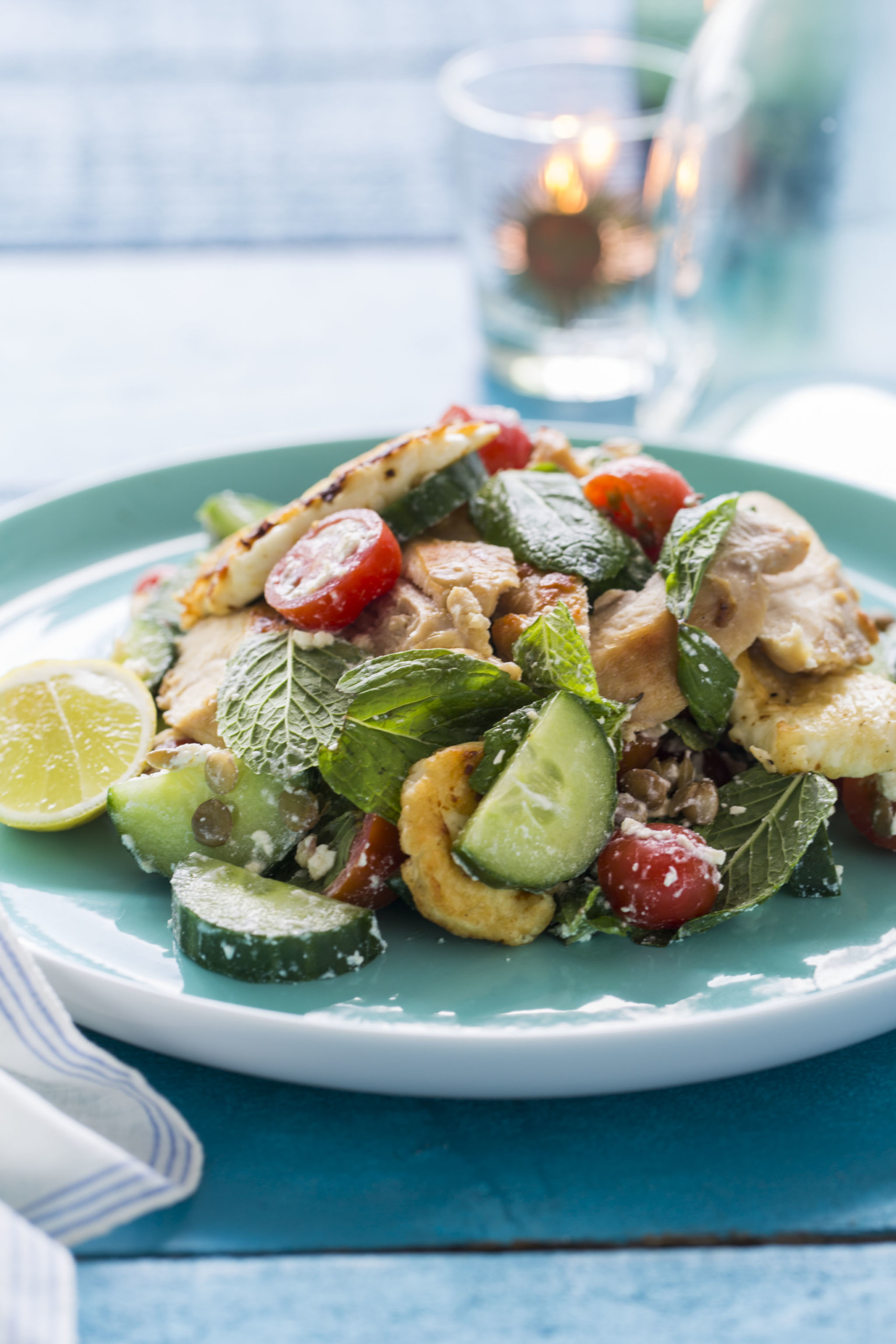 Chicken, Lentil and Feta Salad with Tzatziki Dressing