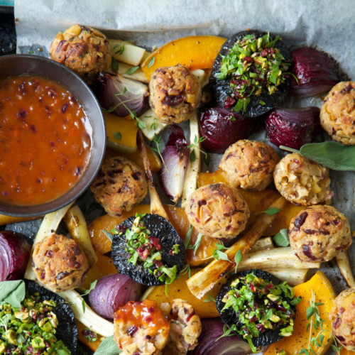 Vegan Roast or Vegetarian with Cranberry Sage and Cashew Nut Stuffing Balls and Tomato Onion