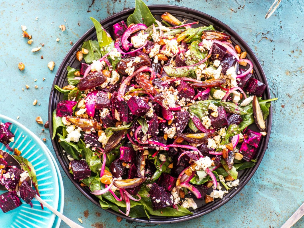 Beetroot spiced almond date and feta salad Nadia Lim