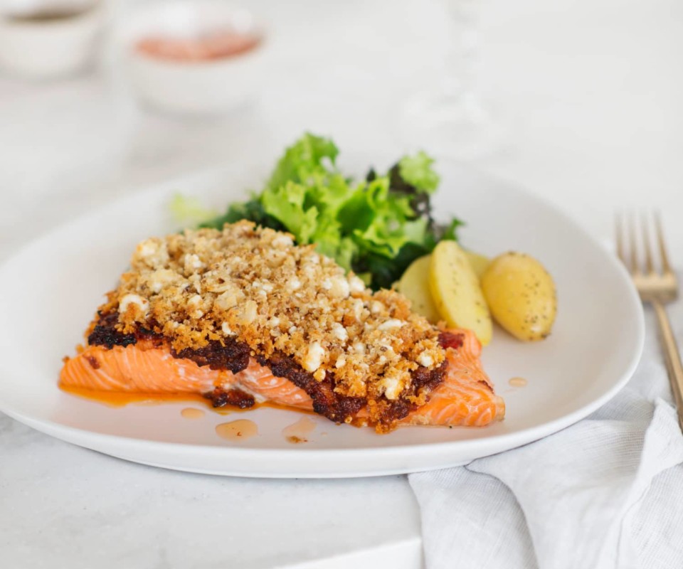 Baked fish with pesto and feta crust Nadia Lim