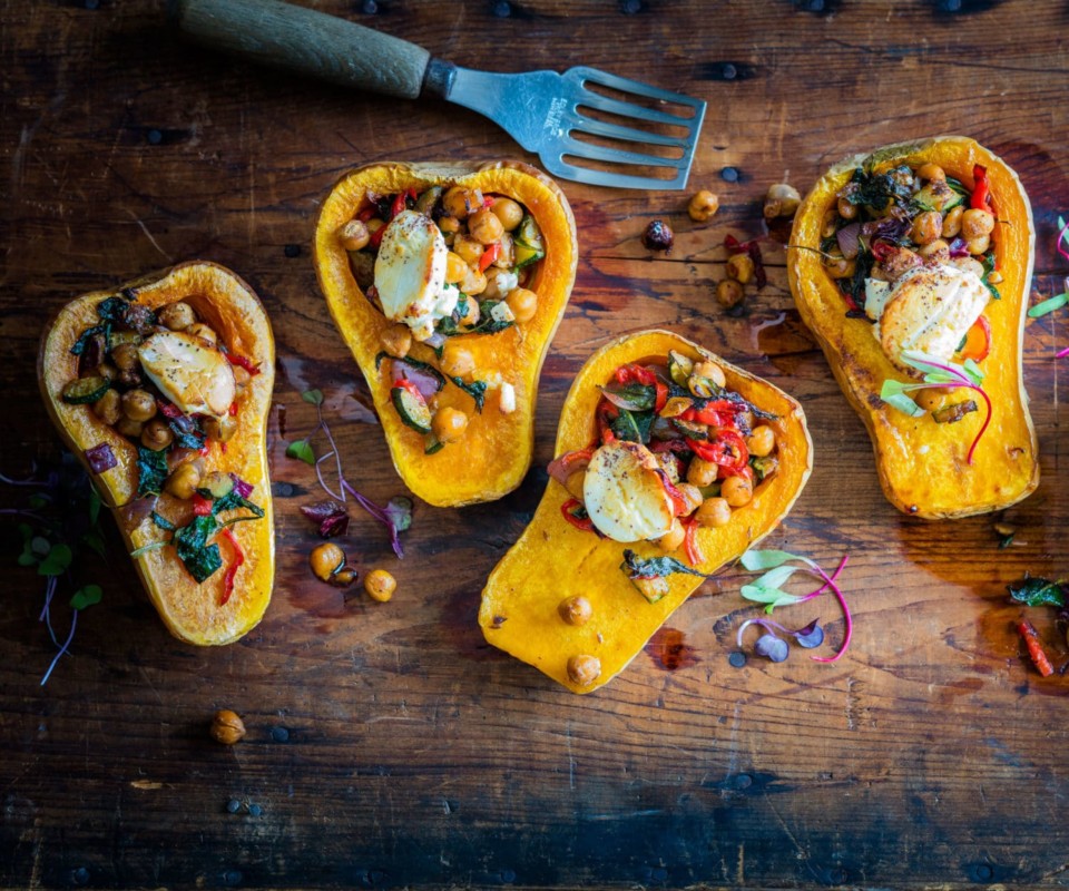 Butternut pumpkin with chickpea stuffing and goat’s cheese Nadia Lim