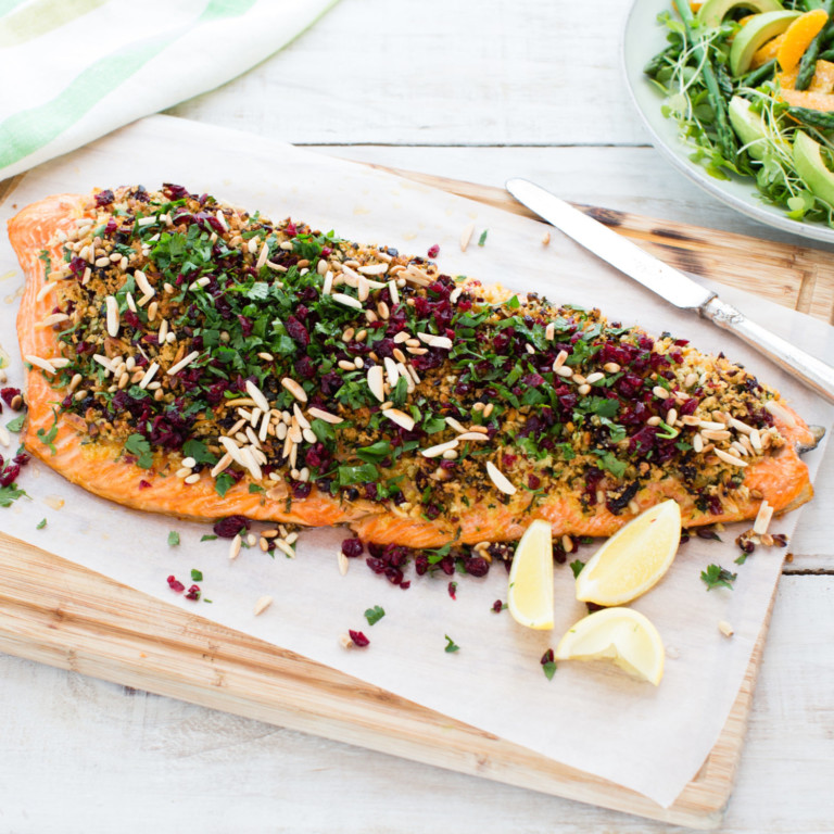 Salmon with cranberry, parsley and nut crust Nadia Lim